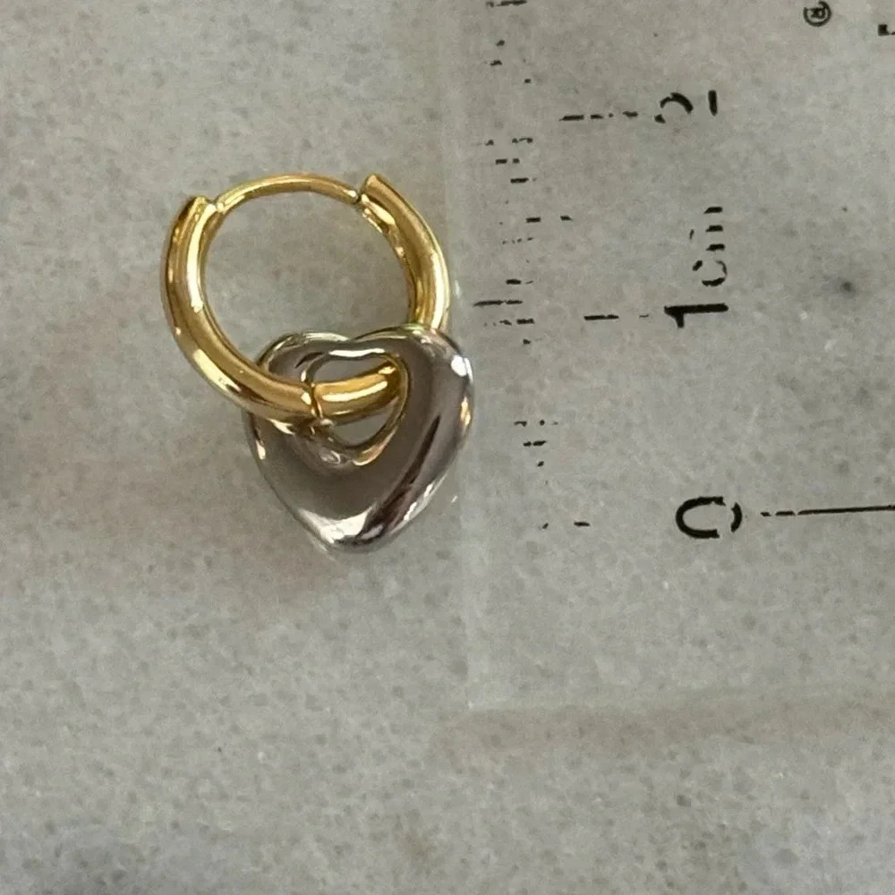 Gold Silver Two Tone Heart Bubble Charm Dangle Hoop Earrings - Picture 3 of 4